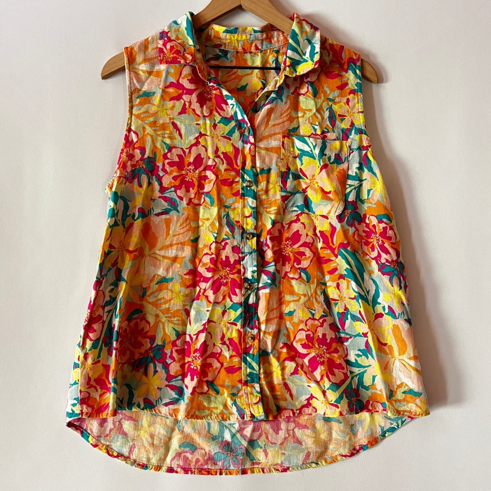 Vintage Style Tropical Beach Floral Sleeveless Blouse XL Orange Pink Button Down